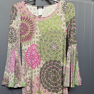 MSK Pink & Lime Green Paisley Bell Sleeve Top